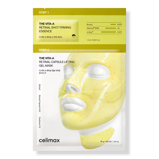 CELIMAX THE VITA-A Retinal Shot Tightening 2-Step Gel Mask showing the mask in its packaging, designed for facial skin tightening and rejuvenation.