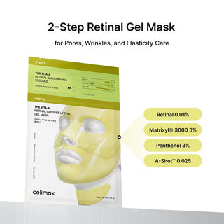 CELIMAX THE VITA-A Retinal Shot Tightening 2-Step Gel Mask for face, showing the mask and packaging in a skincare setting.