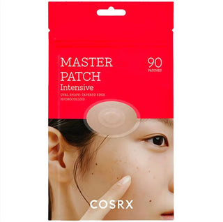COSRX Master Patch Intensive acne patches arranged in a clear container, designed for targeted blemish treatment.