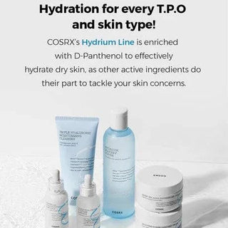 COSRX Hydrium Triple Hyaluronic Moisture Ampoule in a 40mL bottle, showcasing the clear, hydrating serum with a pump dispenser.
