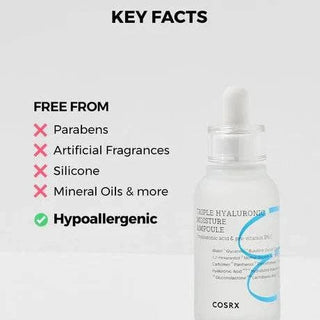 COSRX Hydrium Triple Hyaluronic Moisture Ampoule 40mL bottle showing clear liquid and pump dispenser for intense hydration.