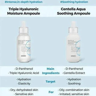 COSRX Hydrium Triple Hyaluronic Moisture Ampoule in 40mL bottle, featuring transparent dropper and clear liquid for hydrating skincare