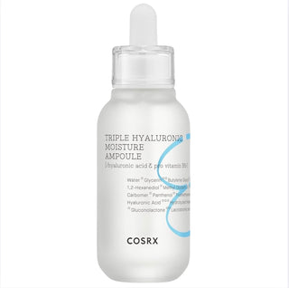 COSRX Hydrium Triple Hyaluronic Moisture Ampoule in a 40mL bottle, featuring clear liquid with a pump dispenser for hydrating skin.