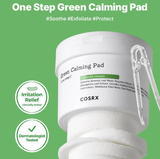 COSRX One Step Green Hero Calming Pad, 70pcs, showing a close-up of the soothing skincare pads in a jar.