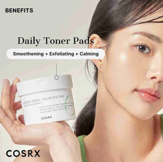 COSRX One Step Green Hero Calming Pad featuring 70pcs, with soothing green ingredients for gentle skin calming and hydration.