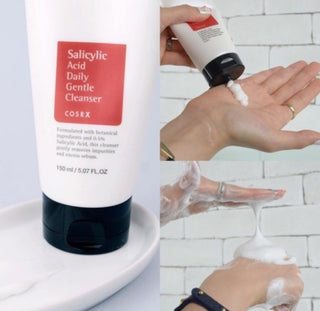 CosRX Salicylic Acid Daily Gentle Cleanser cleansing foam in a white bottle with a pump, suitable for acne-prone skin.