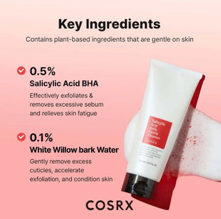 CosRX Salicylic Acid Daily Gentle Cleanser in a white foaming bottle, designed for daily facial cleansing and acne-prone skin.