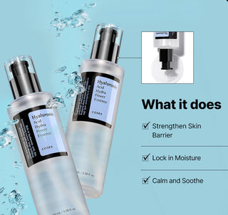 COSRX Hyaluronic Acid Hydra Power Essence bottle with clear label, showcasing 100ml size and hydrating skincare benefits.