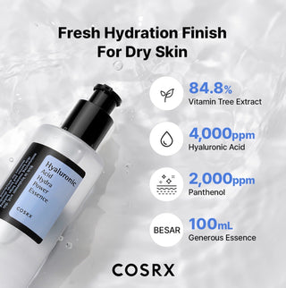 COSRX Hyaluronic Acid Hydra Power Essence 100ml bottle with clear liquid and pump dispenser for hydrating skincare.