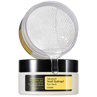 COSRX Advanced Snail Hydrogel Eye Patch with 30 pairs of soothing, transparent eye patches on a white background.
