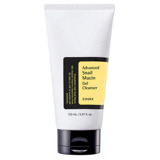COSRX Advanced Snail Mucin Gel Cleanser 150 mL facial cleanser with a clear tube and white pump, designed for gentle skin cleansing.