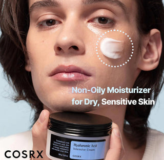 CosRX Hyaluronic Acid Intensive Facial Cream jar with white lid, showing creamy texture and hydrating skincare product.