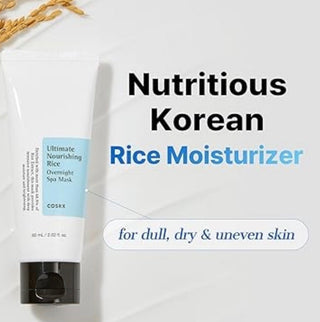 COSRX Ultimate Nourishing Rice Overnight Spa Mask in a tub, showcasing its creamy, rice-infused moisturizer for glowing skin.