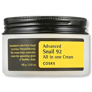 Cosrx Advanced Snail 92 All In One Cream moisturizer in a jar with a smooth, creamy texture and clear labeling on the container.