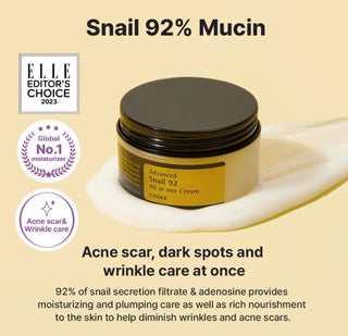 Cosrx Advanced Snail 92 All-In-One Cream moisturizer in a jar with a white lid and clear label, highlighting creamy texture.