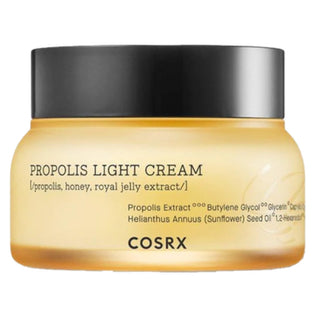 COSRX Full Fit Propolis Light Cream moisturizer in a jar with a white lid, featuring a smooth, lightweight texture for nourishing skin.