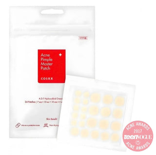 CosRX Acne Pimple Master Patch pack with 24 clear pimple patches on a white background, designed for acne spot treatment.