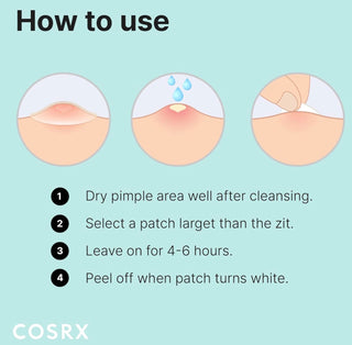 CosRx Acne Pimple Master Patch applied on skin, showing clear, small adhesive patches designed for acne treatment and pimple healing.