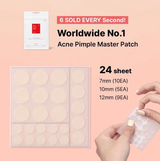 CosRx Acne Pimple Master Patch with 24 clear, round patches designed to cover and treat pimples on the skin.