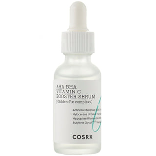 CosRX AHA/BHA Vitamin C Booster Serum bottle with dropper, showcasing the skincare product for brightening and exfoliating skin.
