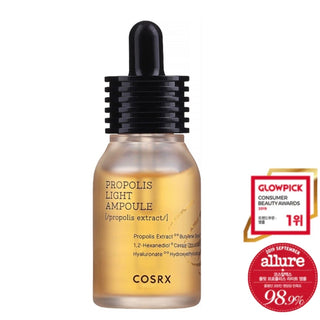 CosRx Full Fit Propolis Light Ampoule serum in a clear glass bottle with a white pump dispenser and minimalist label.