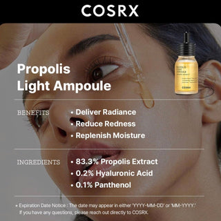 CosRx Full Fit Propolis Light Ampoule serum in a clear glass bottle with a dropper, showcasing natural ingredients and packaging.