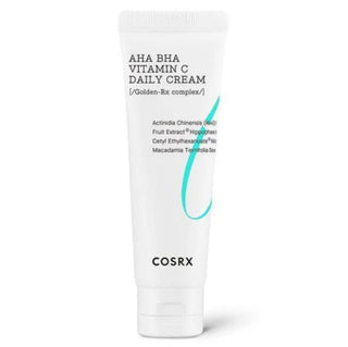 CosRx AHA BHA Vitamin C Daily Cream spot treatment in a white jar with a pump dispenser, designed for brightening and exfoliating skin.
