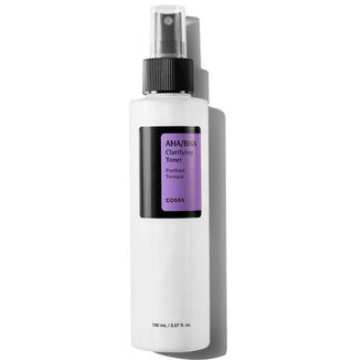 Cosrx AHA/BHA Clarifying Treatment Toner in a clear bottle, featuring a white label with blue and green accents, for pore tightening.