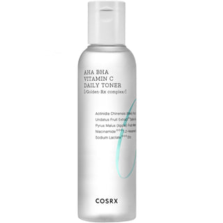 CosRx AHA BHA Vitamin C daily toner bottle showing clear liquid, label with product name and brand, 150ml size.