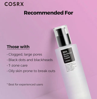 COSRX BHA Blackhead Power Liquid toner bottle with clear label and black cap, designed to improve skin clarity and reduce blackheads.