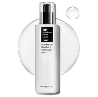 COSRX BHA Blackhead Power Liquid toner in a clear bottle with a white cap, showcasing its skincare formula for blackhead control.