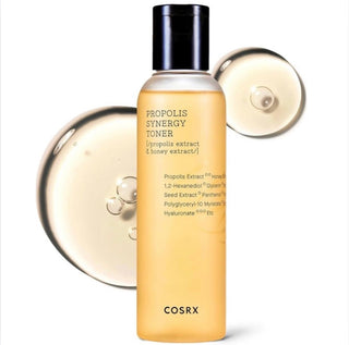 COSRx Full Fit Propolis Synergy Toner 150ml bottle with clear label on a white background, showcasing natural skincare ingredients.