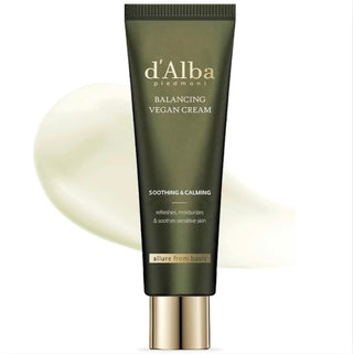 D'Alba Mild Skin Balancing Vegan Facial Cream in 55ml jar, smooth texture, suitable for gentle skin hydration and balancing.