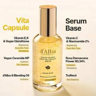 D'Alba White Truffle First Oil Capsule Serum 100ml; sleek glass bottle with dropper for nourishing skincare.