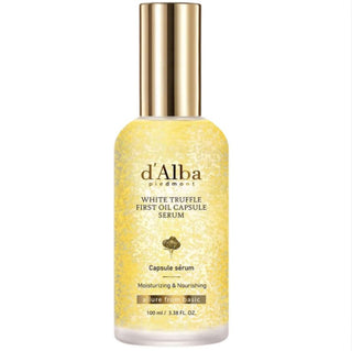 d'Alba White Truffle First Oil Capsule Serum in a 100ml bottle, featuring a sleek design and natural skincare ingredients.