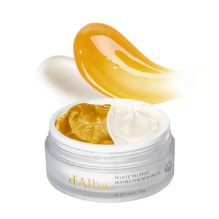 D'Alba White Truffle Double Serum and Cream jar, 70g, featuring luxurious skincare serum and moisturizer in elegant packaging.