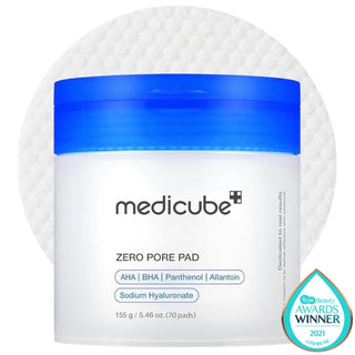 Damaged box of Medicube Zero Pore Pads, 70-piece toner pads for pore refining and skin cleansing.