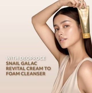 Deoproce Snail Galac Revital Cream to Foam Cleanser in 100g, showing the creamy foam texture and cleansing product packaging.