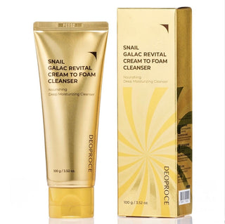 Deoproce Snail Galac Revital Cream to Foam Cleanser in 100g tube, showing the cleansing foam product with brand and packaging.