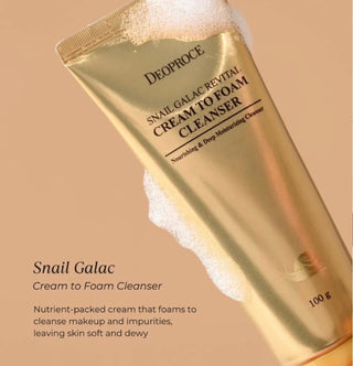 Deoproce Snail Galac Revital Cleansing Foam in 100g tube, showing creamy foam and cleanser texture for revitalizing skin.