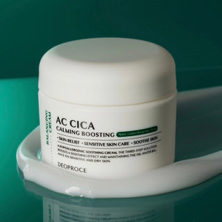Deoproce AC Cica Calming Boosting Balancing Cream jar showing creamy texture and product label for soothing skin.