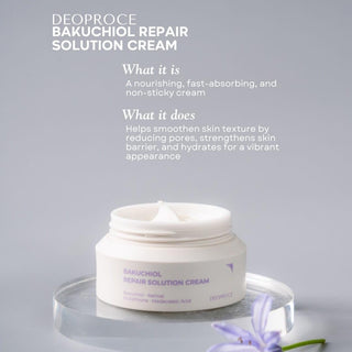 Deoproce Bakuchiol Repair Solution Cream 50ml jar showing smooth cream texture in a white container with a clean background.
