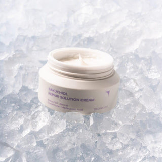 Deoproce Bakuchiol Repair Solution Cream 50ml jar showing creamy texture and product label for skin rejuvenation.