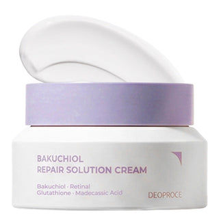 Deoproce Bakuchiol Repair Solution Cream 50ml jar with creamy texture, designed for skin soothing and renewal.