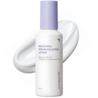 Deoproce Bakuchiol Repair Solution Lotion 150ml, creamy skincare product with a smooth texture, in a white bottle.