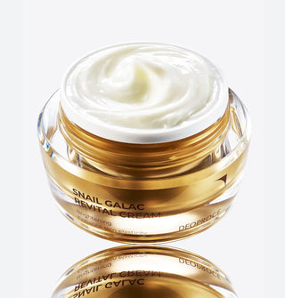 Deoproce Snail Galac Revital Cream 50g jar with white lid, showcasing smooth cream texture in a clear container.