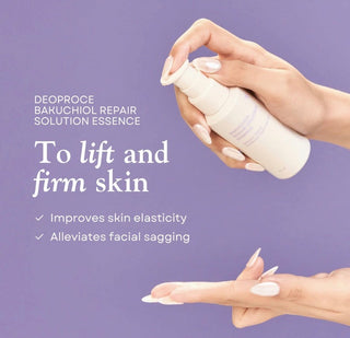 Deoproce Bakuchiol Line 5-piece skincare set with bottles and jars, natural ingredients, for anti-aging and skin rejuvenation.