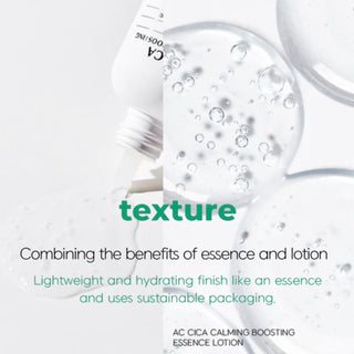 Deoproce AC Cica Calming Boosting Essence Lotion in a 150ml bottle, featuring a clear liquid and calming skincare benefits.