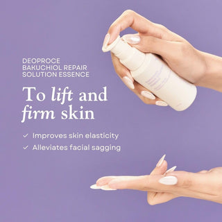 Deoproce Bakuchiol Repair Solution Essence 50ml in a clear glass bottle with a white pump dispenser, designed for skincare.