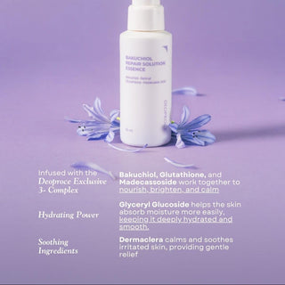 Deoproce Bakuchiol Repair Solution Essence 50ml bottle, clear liquid skincare essence for skin repair and hydration.